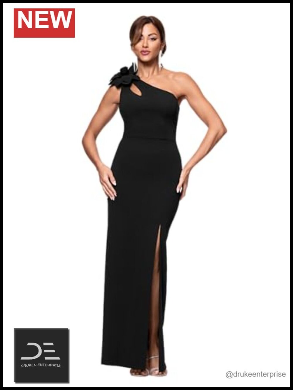 Scuba Crepe Flower Embellished One Shoulder Floor Length Dress Petite